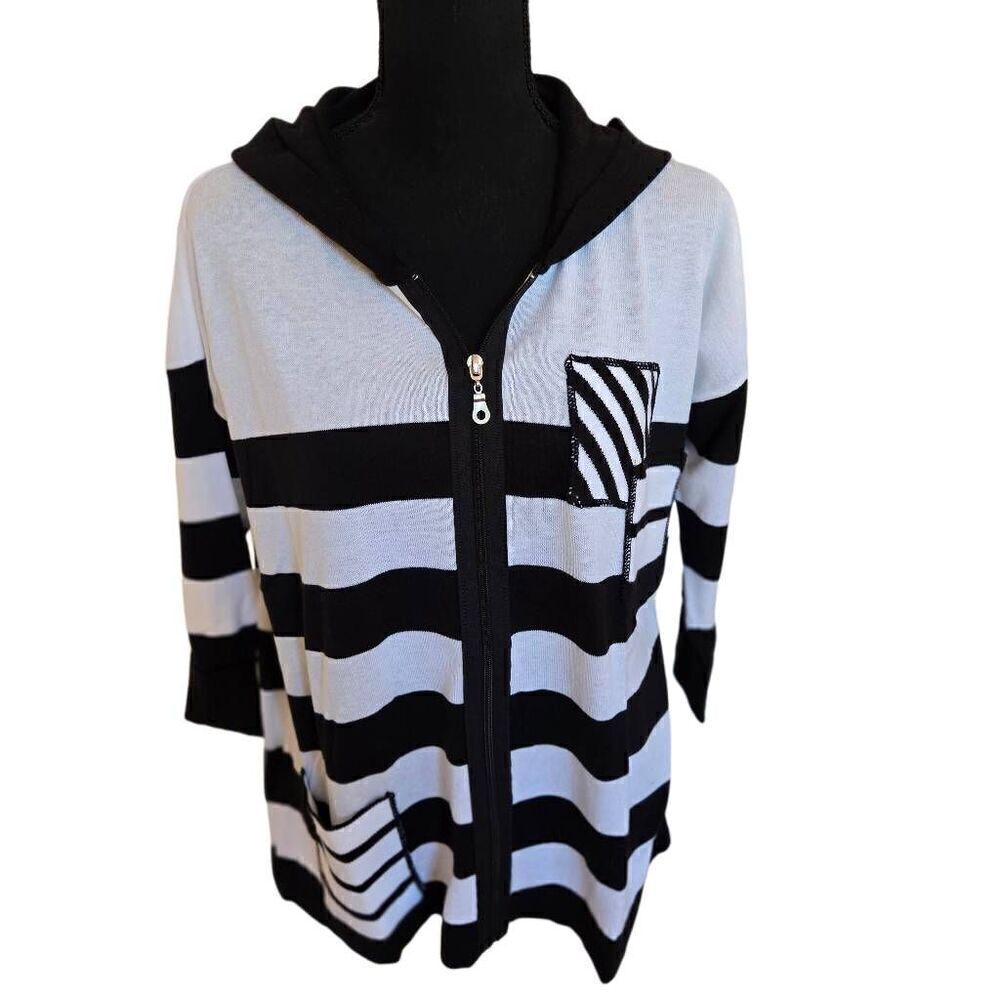 ANGEL Womens Stripe Hooded Zip Front Cardigan Sweater Black White Medium